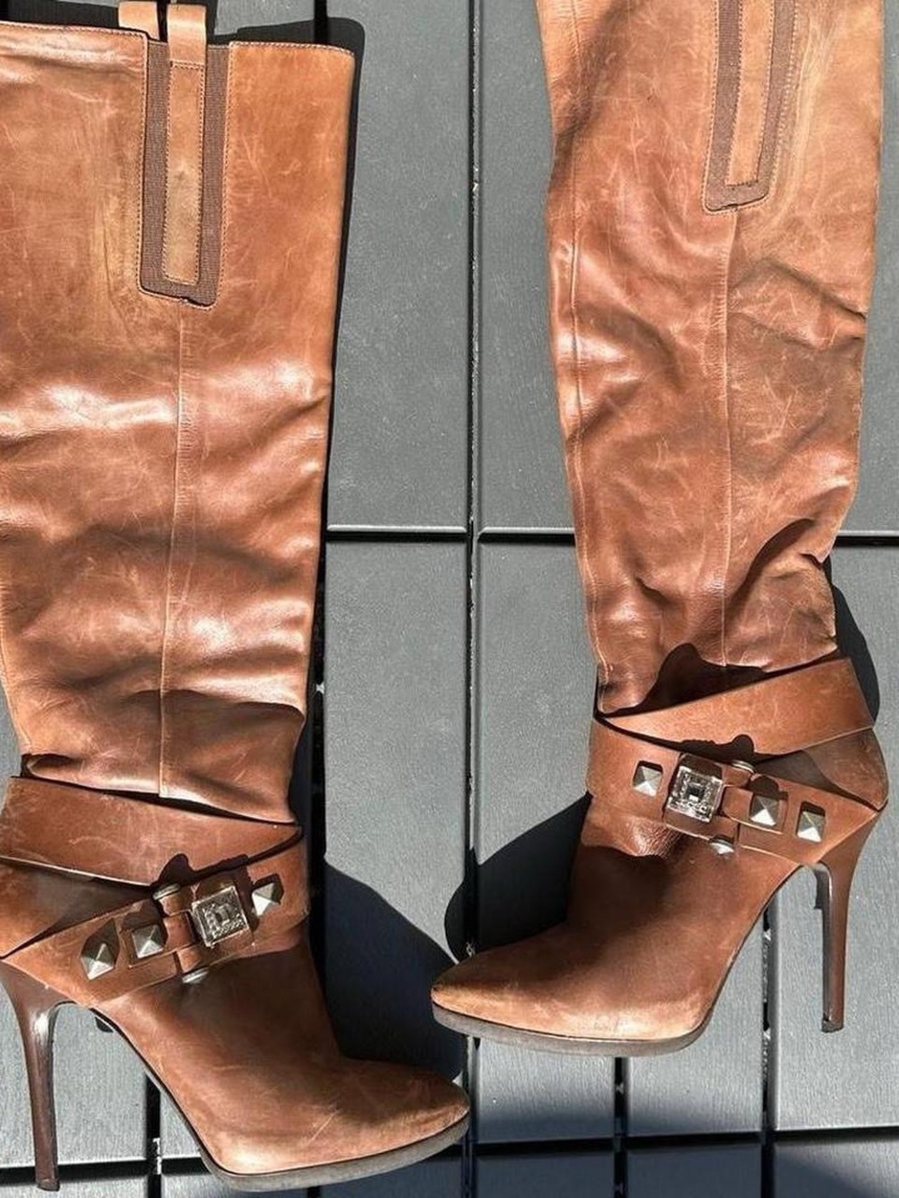 GUESS Brown Leather High-Heel Knee Boots with Studded Strap